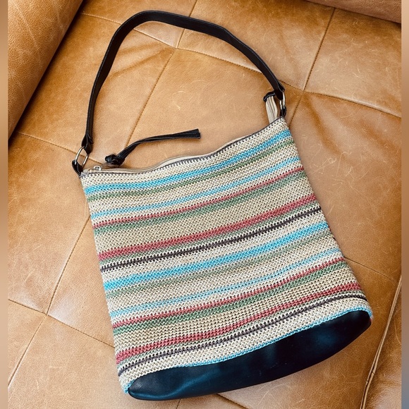 Wicker bag shoulder - multicoloured stripes - lined - Picture 2 of 6